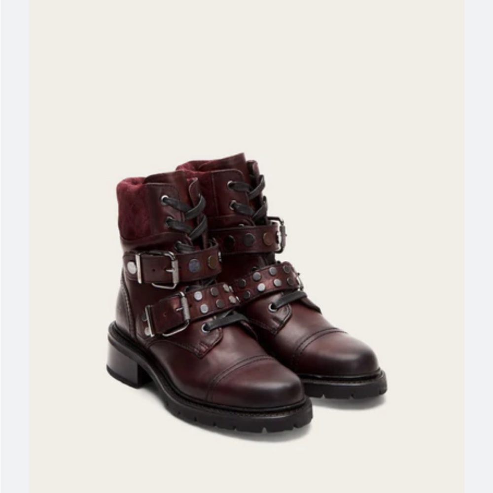 Frye Burgundy Combat Boots with Buckle Detail